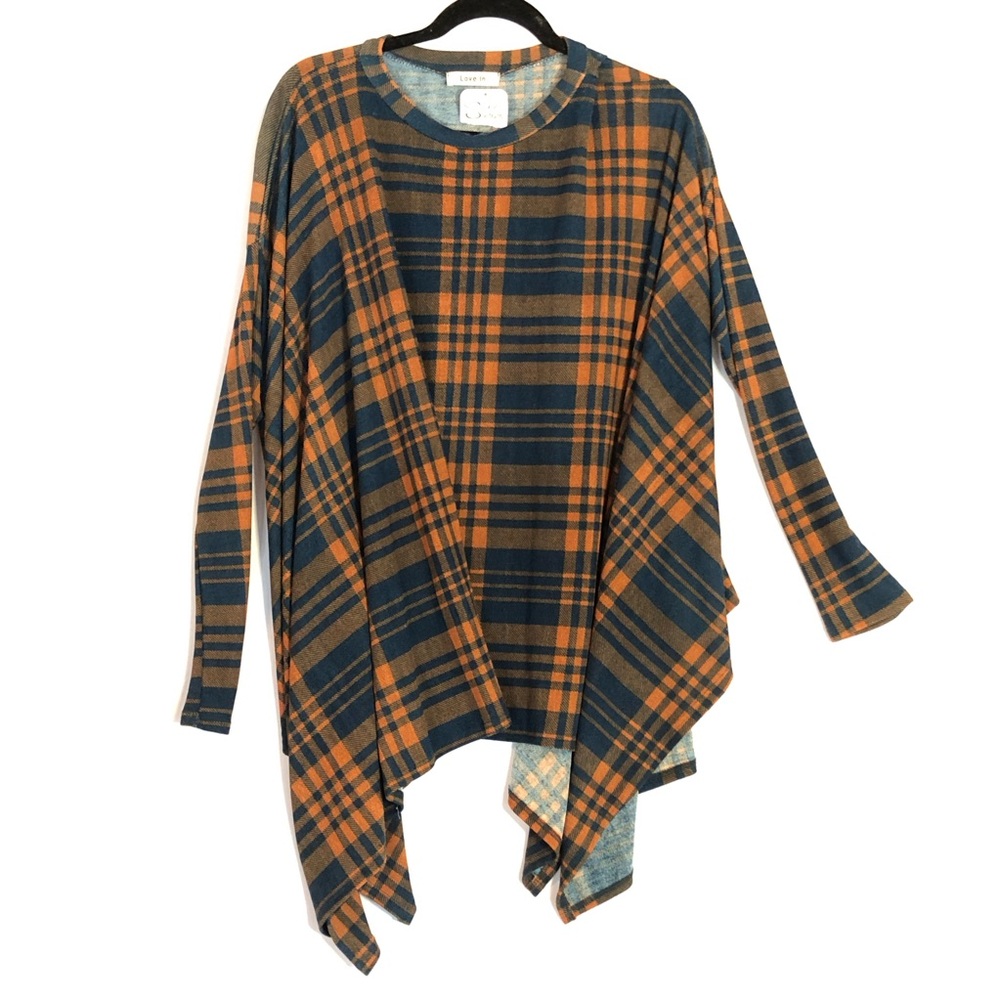 Love In Plaid Oversized Orange And Navy Long Sleeved Poncho Style Small Stretch
